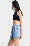 Kadın Mavi Renk 1s5-4 Mini Boy Bol Kesim Beli Lastikli %100 Koton Denim Şort
