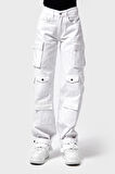 Kadın Beyaz Renk w5-2 Straight Kargo Fit Simli Özel Kumaş Tasarım Denim Jean