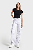 Kadın Beyaz Renk w5-2 Straight Kargo Fit Simli Özel Kumaş Tasarım Denim Jean