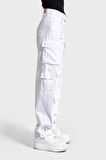 Kadın Beyaz Renk w5-2 Straight Kargo Fit Simli Özel Kumaş Tasarım Denim Jean
