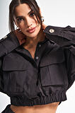 Kadın Siyah Renk w5-1 Crop Fit Kargo Cep Tasarım Ceket