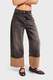 Kadın Koyu T.Kot Rengi 4w5-137 Süper Baggy Fit Paça Süet Kumaş Detaylı Tasarım Denim Jean