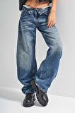 Kadın Kot Rengi 2w5-32 Baggy Balon Fit Kemer Detaylı İç Boy 81cm Tasarım Denim Jean