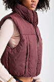 Kadın Bordo Renk w5-35 Şişme İçi Dolgulu Sıfır Kol Yandan Cepli Crop Şişme Yelek