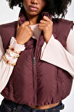 Kadın Bordo Renk w5-35 Şişme İçi Dolgulu Sıfır Kol Yandan Cepli Crop Şişme Yelek