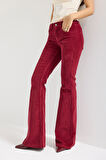 Kadın Bordo Renk 26w5-35 Flare Fit İnce Fitilli Velvet Kadife Kumaş Pantolon