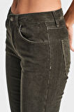 Kadın Haki Renk 26w5-15 Low Waist Flare Fit İnce Fitilli Velvet Kadife Kumaş Pantolon
