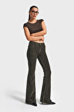 Kadın Haki Renk 26w5-15 Low Waist Flare Fit İnce Fitilli Velvet Kadife Kumaş Pantolon