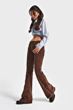 Kadın Açık Kahve 26w5-42 Flare Fit İnce Fitilli Velvet Esnek Kumaş Pantolon