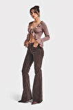 Kadın Koyu Kahverengi 26w5-136 Low Waist Flare Fit İnce Fitilli Velvet Kadife Kumaş Pantolon
