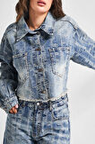 Kadın Kot Rengi 4w5-32 Crop Straight Fit Özel Kumaş Tasarım Denim Ceket