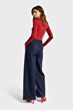 Kadın İndigo Renk 7w5-50 Wide Leg Fit Viskon Kumaş Şerit Detaylı Özel Tasarım Denim Jean
