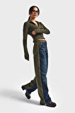 Kadın Haki Kot Rengi 2w5-31 Loose Fit Kadife Denim Kumaş Tasarım Denim Jean