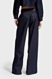 Kadın İndigo Renk 7w5-50 Wide Leg Palazzo Fit Kemer Detaylı %100 Koton Özel Tasarım Denim Jean