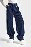 Kadın İndigo Renk 8w5-7 Yüksek Bel Wide Leg Bol Kesim Paça Detaylı Tasarım Denim Jean