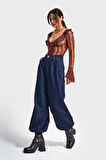Kadın İndigo Renk 7w5-50 Wide Leg Baggy Fit Paça Detaylı Bol Kesim Tasarım Denim Jean
