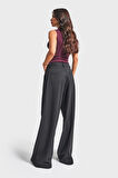 Kadın Siyah Renk w5-1 Palazzo Fit Pile ve Kemer Detaylı Viskon Koton Kumaş Pantolon