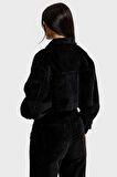 Kadın Siyah Renk 26w5-1 Crop Fit Düğmeli Kalın Fitilli Velvet Kadife Kumaş Ceket
