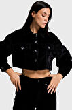 Kadın Siyah Renk 26w5-1 Crop Fit Düğmeli Kalın Fitilli Velvet Kadife Kumaş Ceket