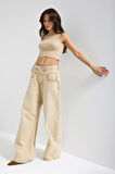 Kadın Bej Taş Renk 4w5-142 Low Rise Palazzo Fit %100 Koton Denim Jean