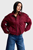 Kadın Bordo w5-35 Bomber Fit Bol Kesim Süet Kumaş Ceket