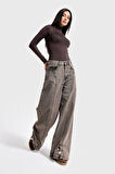 Kadın Koyu Kahve Kot 3w5-70 Süper Baggy Fit Paça Detaylı Özel Tasarım Denim Jean
