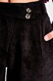 Kadın Siyah Renk w5-1 Palazzo Fit Kemer Detaylı Kalın Fitilli Velvet Kadife Kumaş Pantolon