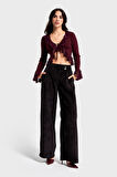 Kadın Siyah Renk w5-1 Palazzo Fit Kemer Detaylı Kalın Fitilli Velvet Kadife Kumaş Pantolon