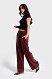 Kadın Bordo Renk w5-35 Palazzo Fit Kemer Detaylı Kalın Fitilli Velvet Kadife Kumaş Pantolon