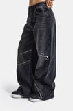 Kadın Koyu Füme 2s6-1 Süper Baggy Fit Fermuar Detaylı Özel Tasarım Denim Jean
