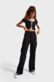 Kadın Siyah Renk 1w5-1 Esnek Likralı Kumaş Wide Leg Fit İç boy 80cm Denim Jean