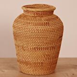 Japandi Bohem Doğal Bambu & Rattan Örme Kahverengi Dekoratif Vazo, Dekoratif Obje, Çiçeklik 16x20cm