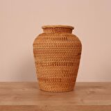 Japandi Bohem Doğal Bambu & Rattan Örme Kahverengi Dekoratif Vazo, Dekoratif Obje, Çiçeklik 16x20cm