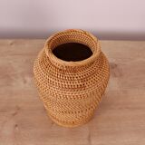 Japandi Bohem Doğal Bambu & Rattan Örme Kahverengi Dekoratif Vazo, Dekoratif Obje, Çiçeklik 16x20cm