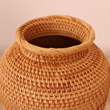 Japandi Bohem Doğal Bambu & Rattan Örme Kahverengi Dekoratif Vazo, Dekoratif Obje, Çiçeklik 16x20cm