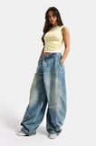 Kadın Kot Rengi 4s6-32 Süper Baggy Fit Kemer Detaylı Özel Tasarım Denim Jean
