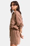 Kadın Kahve Çizgili s6-108 Oversize Rahat Kesim Gömlek