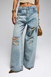 Kadın Kot Rengi T-12s6-32 Süper Baggy Orta Bel Parlak Taşlı Özel Tasarım Denim Jean