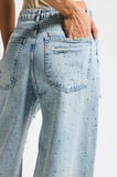 Kadın Kot Rengi T-12s6-32 Süper Baggy Orta Bel Parlak Taşlı Özel Tasarım Denim Jean