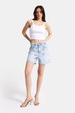 Kadın Kot Rengi T-4s6-3 Mom Fit Midi Boy Parlak Yıldız Taşlı Özel Tasarım Denim Şort