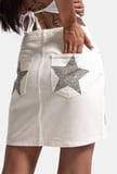 Kadın Kırık Beyaz T-7s6-101 Straight Mini Parlak Yıldız Taşlı Özel Tasarım Denim Etek