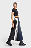 Kadın Kot Rengi Parçalı Kumaş A Tipi Kesim Şerit Detaylı Özel Tasarım Etek