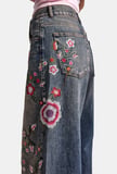 Kadın Kot Rengi 4w6-85 Palazzo Fit Renkli Nakış Özel Tasarım Denim Jean
