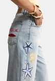 Kadın Kot Rengi 4s6-32 Palazzo Nakış Tasarım Bermuda Denim Jort