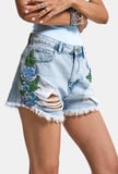 Kadın Kot Rengi 11s6-3 Özel Taş ve Nakış Detaylı Mini Boy Denim Şort