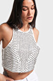 Kadın Ekru Renk Halter Yaka Parlak Yapıştırma Taşlı Tasarım Crop Top