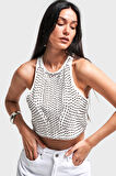 Kadın Ekru Renk Halter Yaka Parlak Yapıştırma Taşlı Tasarım Crop Top