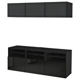 Tv ünitesi, venge-parlak cila-siyah-füme cam, 180x42x192 cm, SELSVIKEN/GLASSVIK, çıt çıt raylı