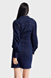Kadın İndigo Renk 7w5-50 Önü Düğmeli Kemer Detaylı 86cm Tasarım Denim Elbise
