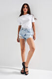 Kadın Ice Kot Rengi 12s5-3 Mini Boy Yüksek Bel Curved Yırtık Detaylı Püsküllü %100 Koton Denim Şort